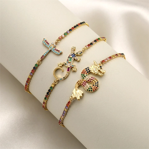 Copper Adjustable Bracelet Colorful Zircon Animal Dragon Gecko Dragonfly Micro Inlaid Gold Plated Fashion Jewelry Women