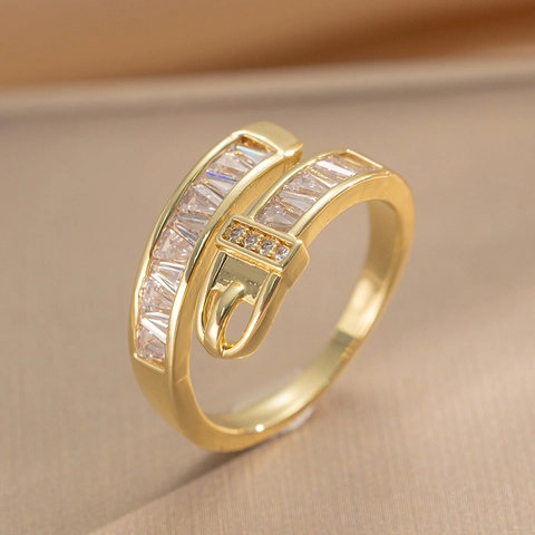 Trendy Copper Belt Buckle Open Ring For Women Luxurious Rhinestone Inlaid Adjustable Finger Ring Fashion Jewelry Accessory