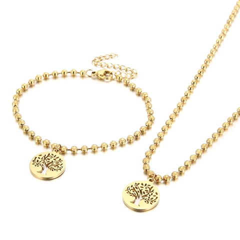 Combinazione di Collana e Bracciale con Ciondolo Albero della Vita in Acciaio Inossidabile per Donna Gioielli con Catena a Sfere Albero della Pace