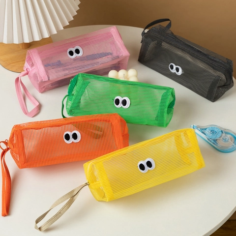 Mesh Pencil Case Cute Big Eyes Nylon Translucent Large Capacity Stationery Bag Portable Zipper Pouch For Students Office