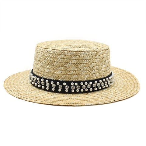 Cappello Boater Donna Paglia Naturale Tesa Larga Protezione Solare Perla Artificial Rhinestone Nastro Elegante Estate Spiaggia