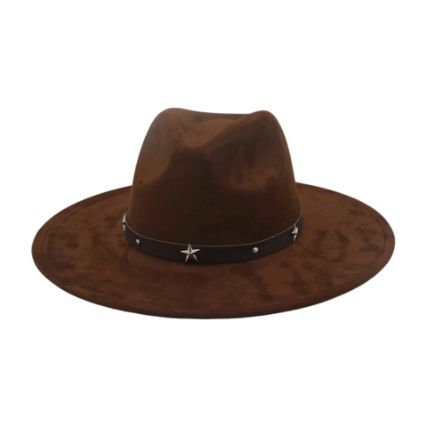 Vintage Faux Suede Wide Brim Fedora Hat With Star Studded Leather Belt Western Cowboy Style Jazz Cap For Women Men