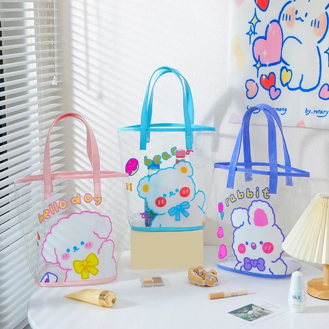 Large Capacity Transparent PVC Cartoon Print Handbag Waterproof Jelly Bucket Bag For Women Beach Travel Makeup Storage