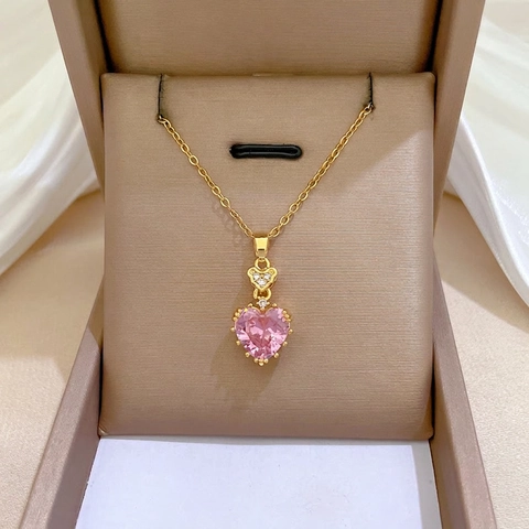 Herzanhänger Halskette Edelstahl Kupfer Mit Rosa Zirkon Eleganter Süßer Schmuck Für Frauen