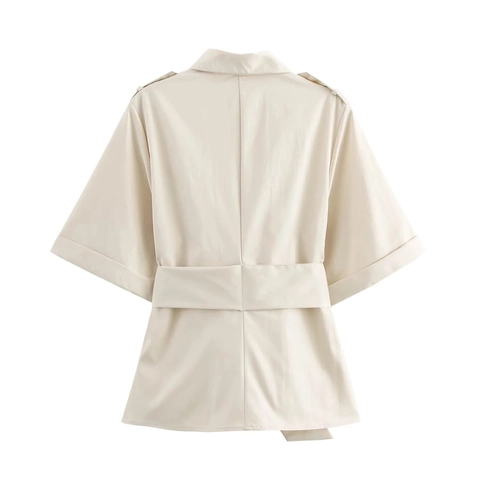 Women Short Sleeve Button Down Shirt With Belt Safari Style Lapel Collar Elegant Casual Apricot Blouse