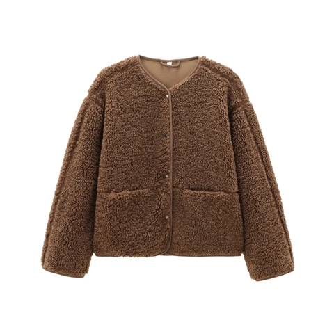 Giacca in Teddy Fleece da Donna Casual Monopetto Tinta Unita Girocollo Calda Sherpa Capispalla Streetwear Moda Cappotto