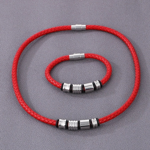 Men Braided Leather Bracelet Stainless Steel Beads Magnetic Clasp Fashion Jewelry Necklace Cowhide Accessory