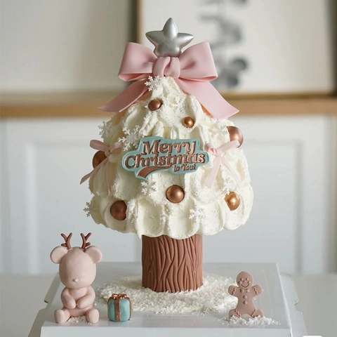 Christmas Tree Cake Decoration Wishing Tree Stand Topper Bow Ribbon Gold Ball Ornament For Holiday Party Festive Decor
