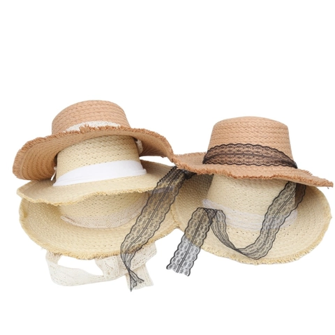 Women Straw Sun Hat Wide Brim Flat Top Lace Ribbon Ties Frayed Edge Beach Vacation Elegant