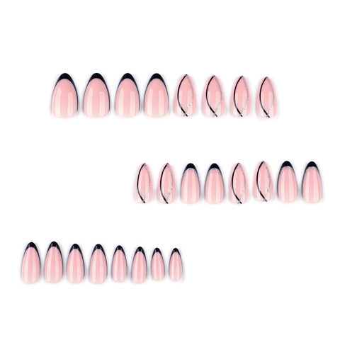 French Glossy Press On Nails Almond Shape Pink And Black Edge With Silver Glitter Lines Artificial False Nails
