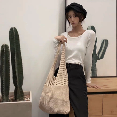 Damen Retro Gestrickte Tragetasche Große Kapazität Ausschnitt Gewebte Schultertasche Casual Handtasche Urlaub Strandtasche