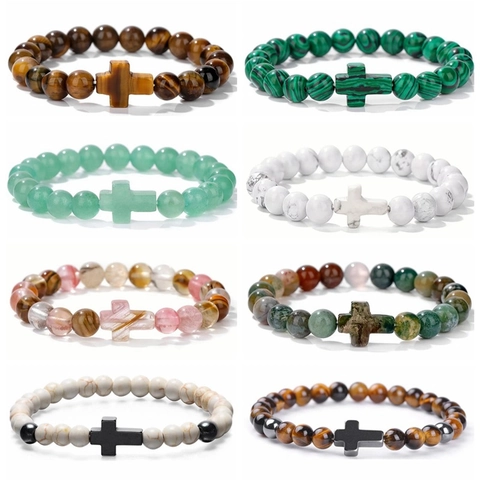 Bracciale Di Perle In Pietra Naturale Con Pendente A Croce Gioielli Yoga Agata Lavica Etnica Per Uomini Donne