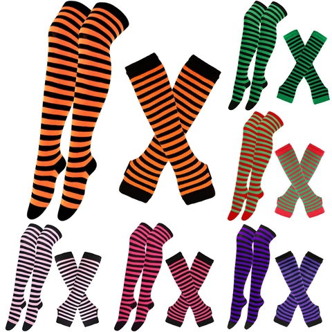 Striped Over Knee Socks And Arm Sleeves Polyester Cotton Knit Long Fingerless Gloves Halloween Cosplay Party