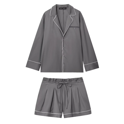 Women Long Sleeve Notch Lapel Polyester Shirt And Drawstring Shorts Loungewear Contrast Piping Pajama Top And Bottom