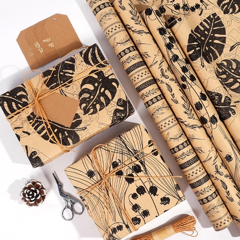 Vintage Kraft Gift Wrapping Paper Roll Printed Floral Monstera Pattern For Birthday Valentine Party DIY Crafts