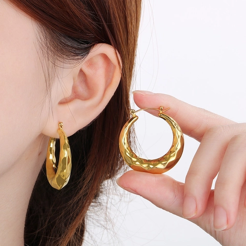 Stainless Steel Hammered Texture Hoop Earrings U-Shaped Geometric 18K Gold Plated Fashion Jewelry For Women