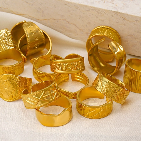 Geometrischer Verstellbarer Offener Ring Vergoldeter Edelstahl Punk Hip Hop Vintage Stil Modeschmuck Damen