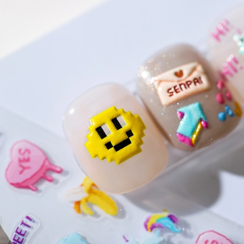 Autocollants Art Des Ongles Gaufrés Style Pixel Dessin Animé Décalcomanies Auto-Adhésives Pour Manucure DIY Cœurs Et Sourires