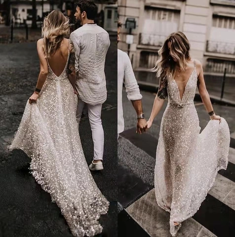 Frauen Pailletten Hochzeitskleid Tiefer V-Ausschnitt Rückenfrei Spaghettiträger Lange Schleppe Abendkleid Elfenbein