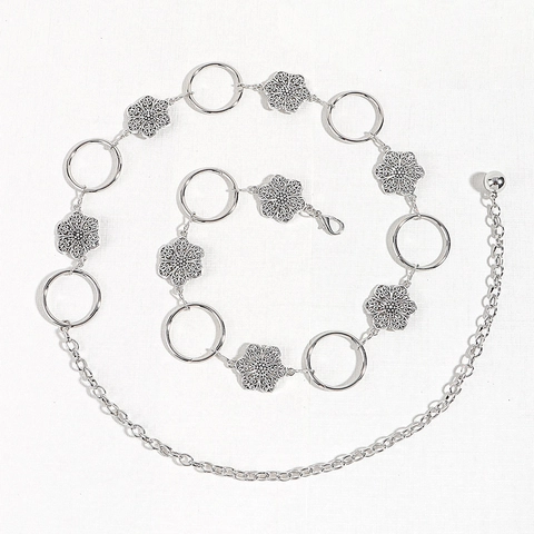 Women Metal Waist Chain Belt Minimalist Geometric Circles Hollow Floral Decorative Dress Accessory Punk Body Chain Jewelry