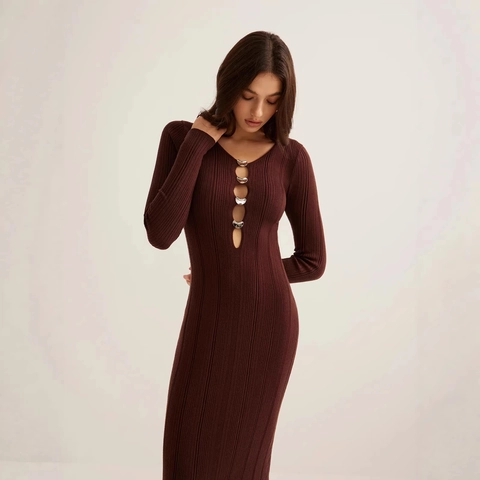 Women V Neck Cut Out Knitted Dress Long Sleeve Slim Fit Ribbed Polyester Maxi Bodycon Retro Solid Color Commuting Chic