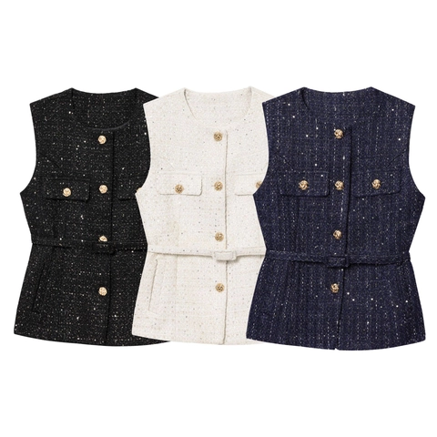 Women Sequin Tweed Vest Round Neck Sleeveless Elegant Boucle Top With Belt Gold Buttons Vintage Outerwear