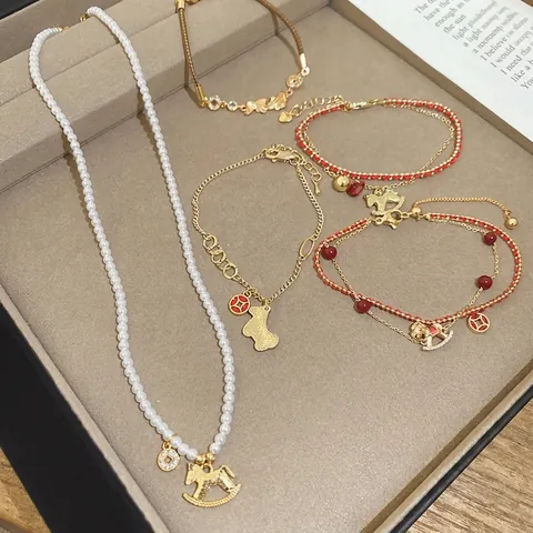 Imitation Artificial Pearl Necklace And Bracelet Jewelry With Zircon Rocking Horse Koi Fish Charms Gold Plated Elegant For Women