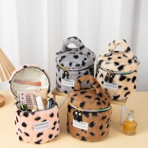 Borsa Da Trucco In Peluche Leopardata Cilindro Pelliccia Sintetica Beauty Case Con Manico Grande Capacità Per Donne
