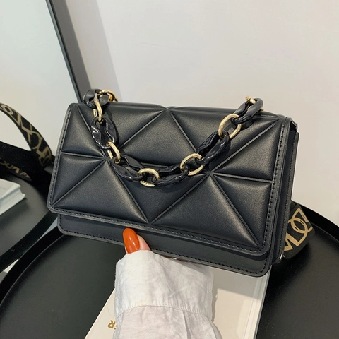 Geometric Quilted Shoulder Bag PU Leather Small Square Crossbody Bag Dual Wide Fabric Strap Decorative Resin Chain