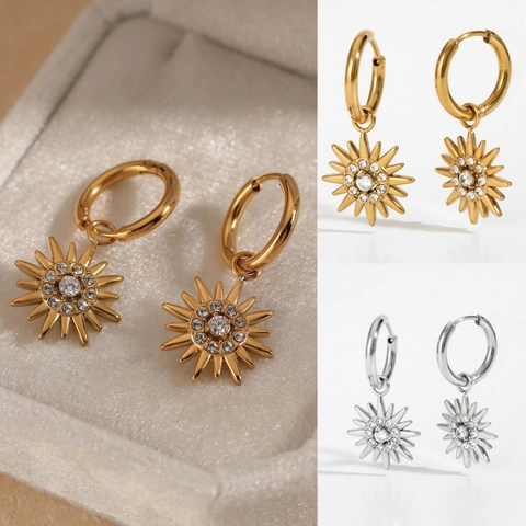 Sonne Anhänger Creolen Edelstahl Mit Zirkonia PVD Gold Beschichtet Wasserdicht Nicht Anlaufend Schmuck Für Damen
