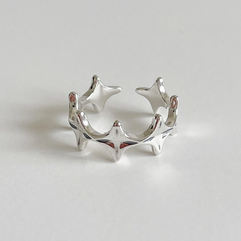 925 Sterling Silver Ring Star Crown Design Vintage Distressed Style Adjustable Open Band Fashion Jewelry For Women