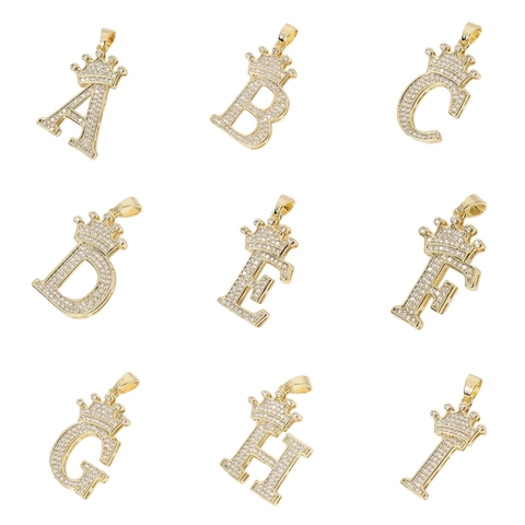 Pendente Lettera Alfabeto Con Corona Rame Micro Pavé Zirconia Gioielli Moda Hip Hop Per Uomini Donne