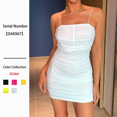 Vestito Mini Aderente Arricciato Sexy Per Donna Spalline Sottili Schiena Scoperta Poliestere Clubwear Moda Estate