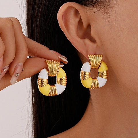 Vintage Square Geometric Stud Earrings Alloy Enamel Contrast Color Textured Jewelry With Silver Earring Post For Women