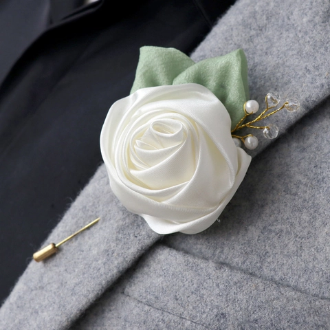 Boutonniere De Rosa Con Cinta De Satén Hecho A Mano Con Perla Artificial Y Alfiler Dorado Para Boda Novio Banquete