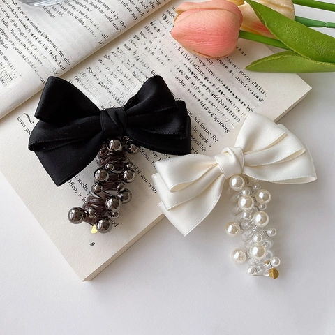 Telephone Wire Hair Ring Satin Bow Knot Faux Artificial Pearl Spiral Scrunchie Elegant Elastic Hair Tie For Women Girls Accessory