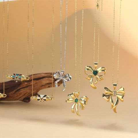 Collier Pendentif Nœud Papillon Et Cylindre Cuivre Zircon Émail Ras Du Cou Pour Femmes Bijoux De Mode Colorés
