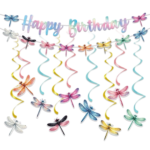 Decorazione Festa Compleanno Libellula Carta Colorata Tema Insetti Banner Happy Birthday E Spirali Pendenti Decorive