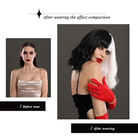 Parrucca Cosplay Bicolore Nero Bianco Ondulata Fibra Sintetica Resistente Al Calore Con Frangia Donna Accessori Per Travestimento