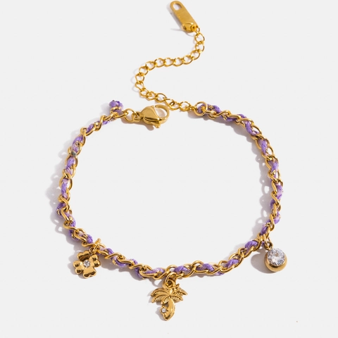 Edelstahl Lila Gewebte Kordel Armband 18K Vergoldet Kleeblatt Kokospalme Zirkon Anhänger Französischer Retro Schmuck Damen