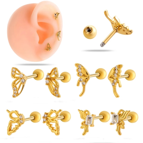 Butterfly Cartilage Ear Bone Studs Stainless Steel Cubic Zirconia Screw Back Ball Piercing Jewelry Women Korean Style