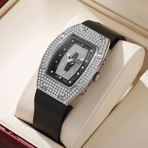 Women Tonneau Quartz Watch Rhinestone Inlaid Alloy Case Silicone Strap Fashion Luxury Bling Timepiece