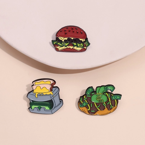 Simpatica Spilla in Smalto Dollar Food Lega di Zinco Hamburger Ciambella Tostapane Spilla Creativa Gioielli Soldi per Decorazione Vestiti Borsa Unisex