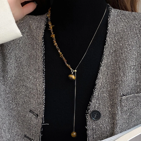 Tiger Eye Stone Beaded Y Necklace Stainless Steel Asymmetric Round Pendant Sweater Chain Vintage Jewelry For Women