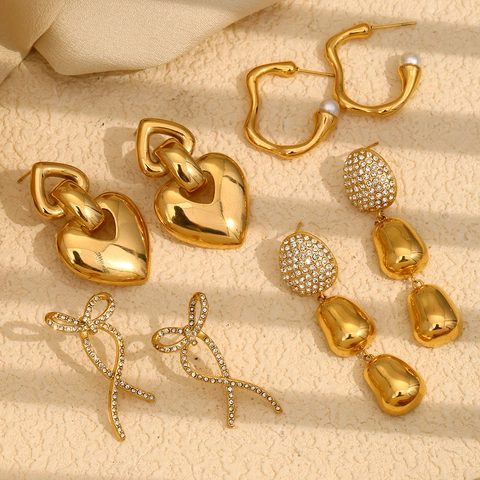 Stainless Steel Earrings For Women 18K Gold Plated Butterfly Heart Peanut Shape Rhinestone Zircon Faux Artificial Pearl Studs