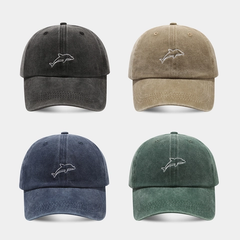 Washed Cotton Baseball Cap With Dolphin Embroidery Soft Top Vintage Dad Hat For Men Women Adjustable Outdoor Casual