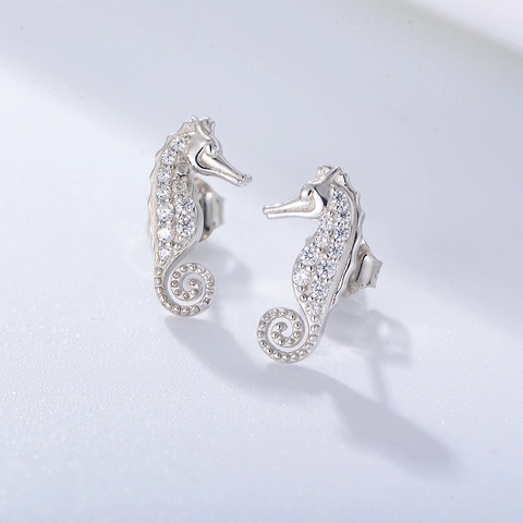 Orecchini a Bottone a Forma di Cavalluccio Marino in Argento Sterling 925 Con Micro Zirconia Simpatici Gioielli Animali Marini per Donna Oro Argento