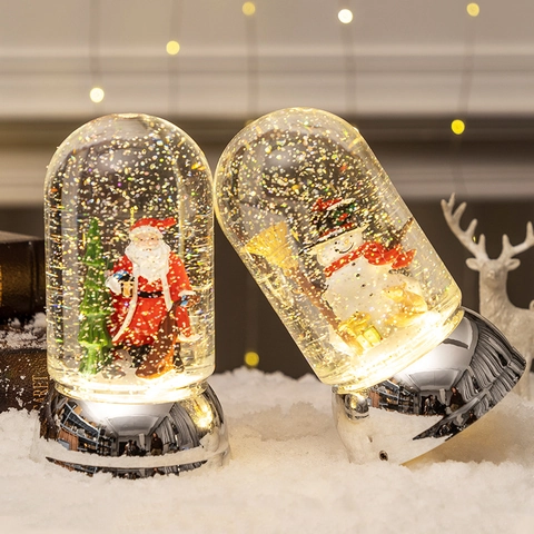 Christmas Snow Globe Lantern LED Glowing Swirling Glitter Ornament Santa Snowman Silver Mirror Base Plastic Holiday Decor