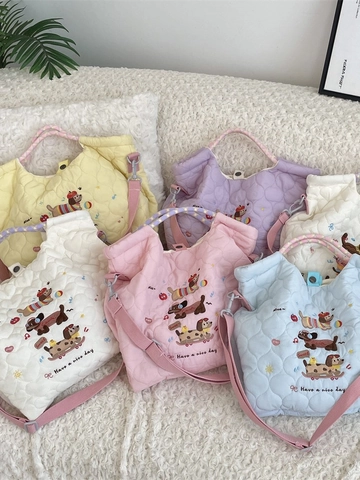 Quilted Padded Tote Bag Polyester Crossbody Handbag Cartoon Animal Embroidery Heart Pattern Large Capacity Casual Cute