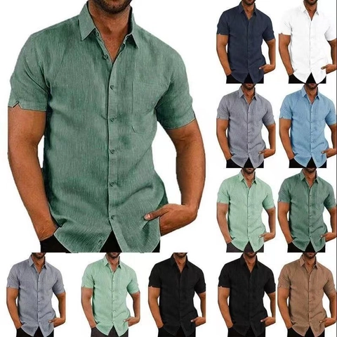 Men's Casual Solid Color Short Sleeve Linen Shirt British Style Turn-Down Collar Single-Breasted Summer Top